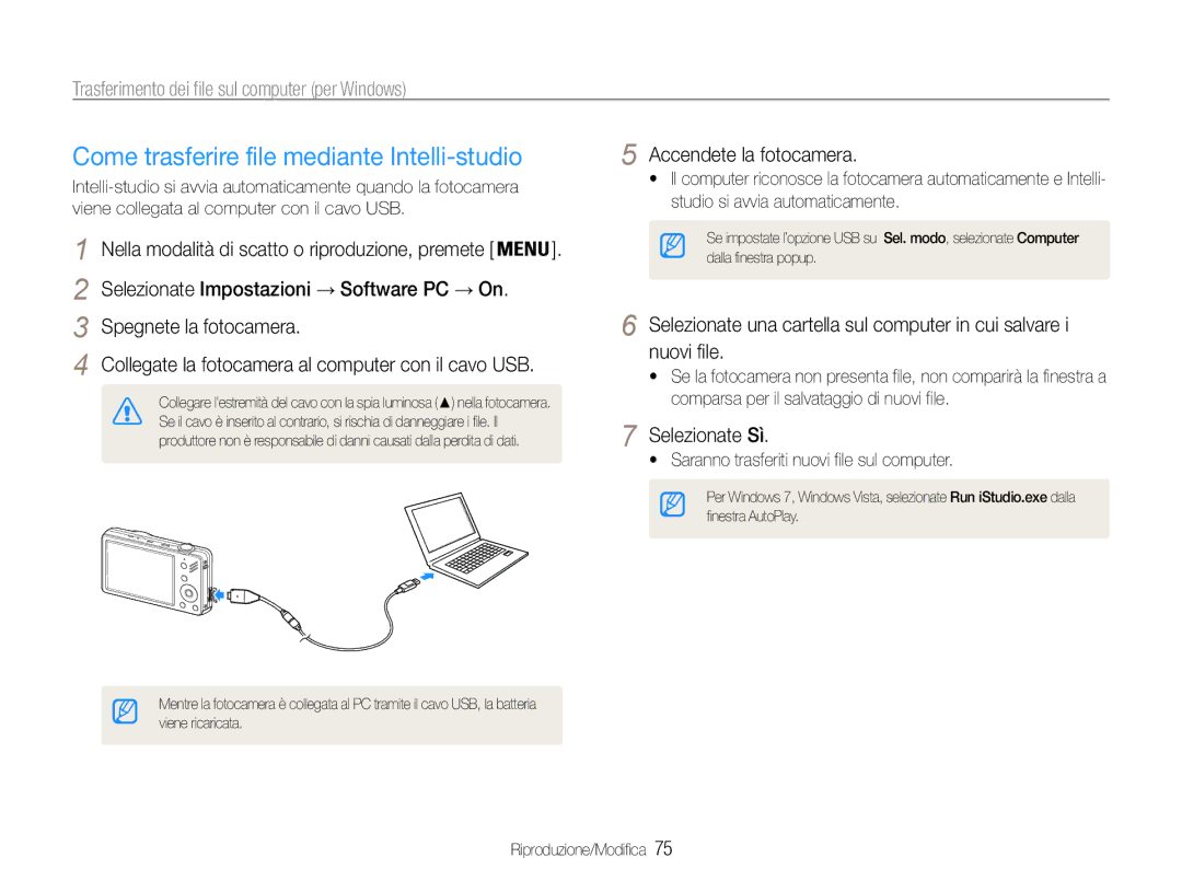 Samsung EC-ST90ZZDPLME manual Come trasferire file mediante Intelli-studio, Trasferimento dei file sul computer per Windows 