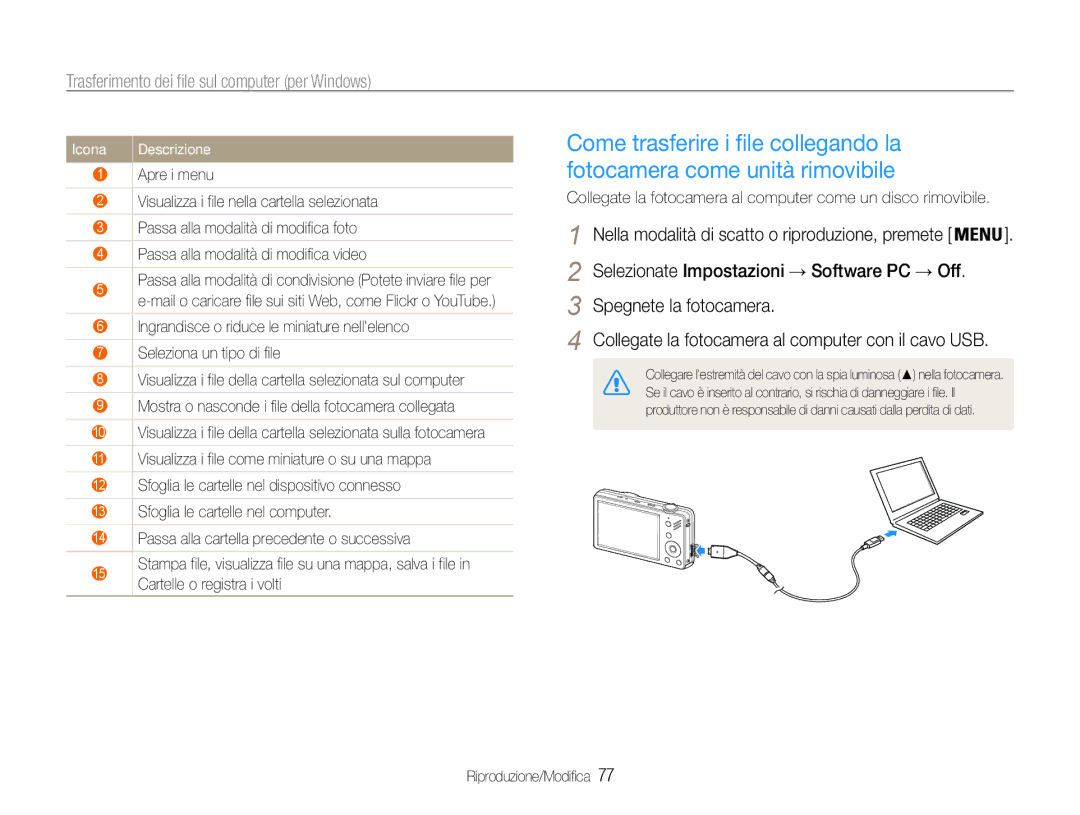 Samsung EC-ST90ZZBPUE1, EC-ST90ZZBPSE1, EC-ST90ZZBPBE1, EC-ST90ZZDPSME manual Selezionate Impostazioni → Software PC → Off 