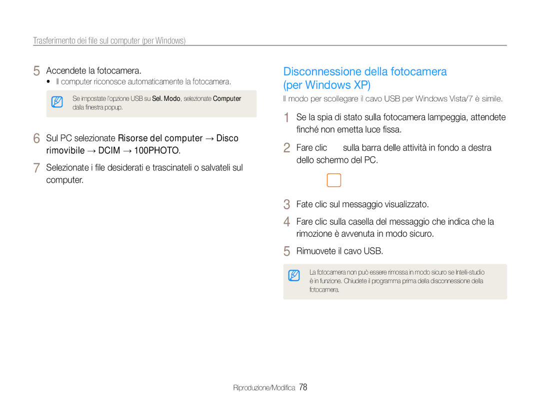 Samsung EC-ST90ZZBPSE1, EC-ST90ZZBPUE1, EC-ST90ZZBPBE1, EC-ST90ZZDPSME manual Disconnessione della fotocamera per Windows XP 