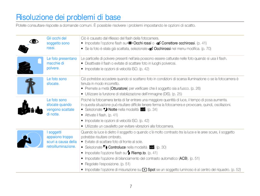 Samsung EC-ST90ZZBPBE1, EC-ST90ZZBPUE1 manual Risoluzione dei problemi di base, Occhi rossi o Correttore occhirossi. p 