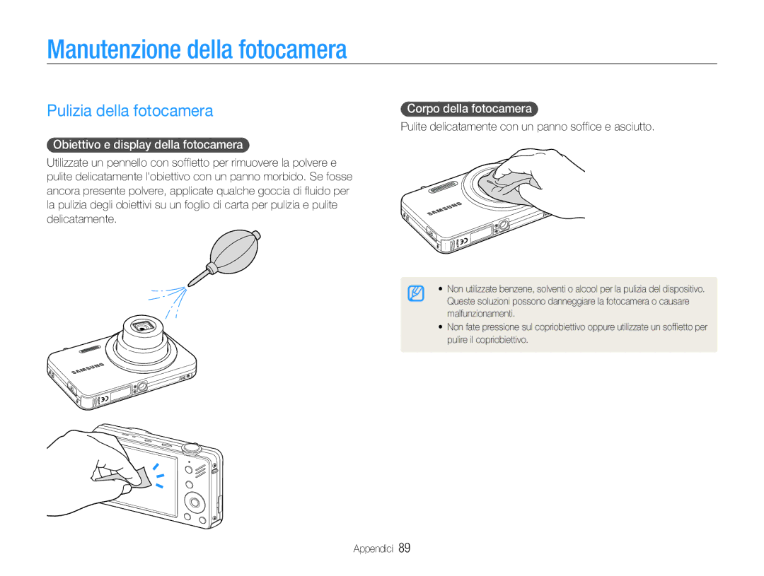 Samsung EC-ST90ZZBPUE1 manual Manutenzione della fotocamera, Pulizia della fotocamera, Obiettivo e display della fotocamera 