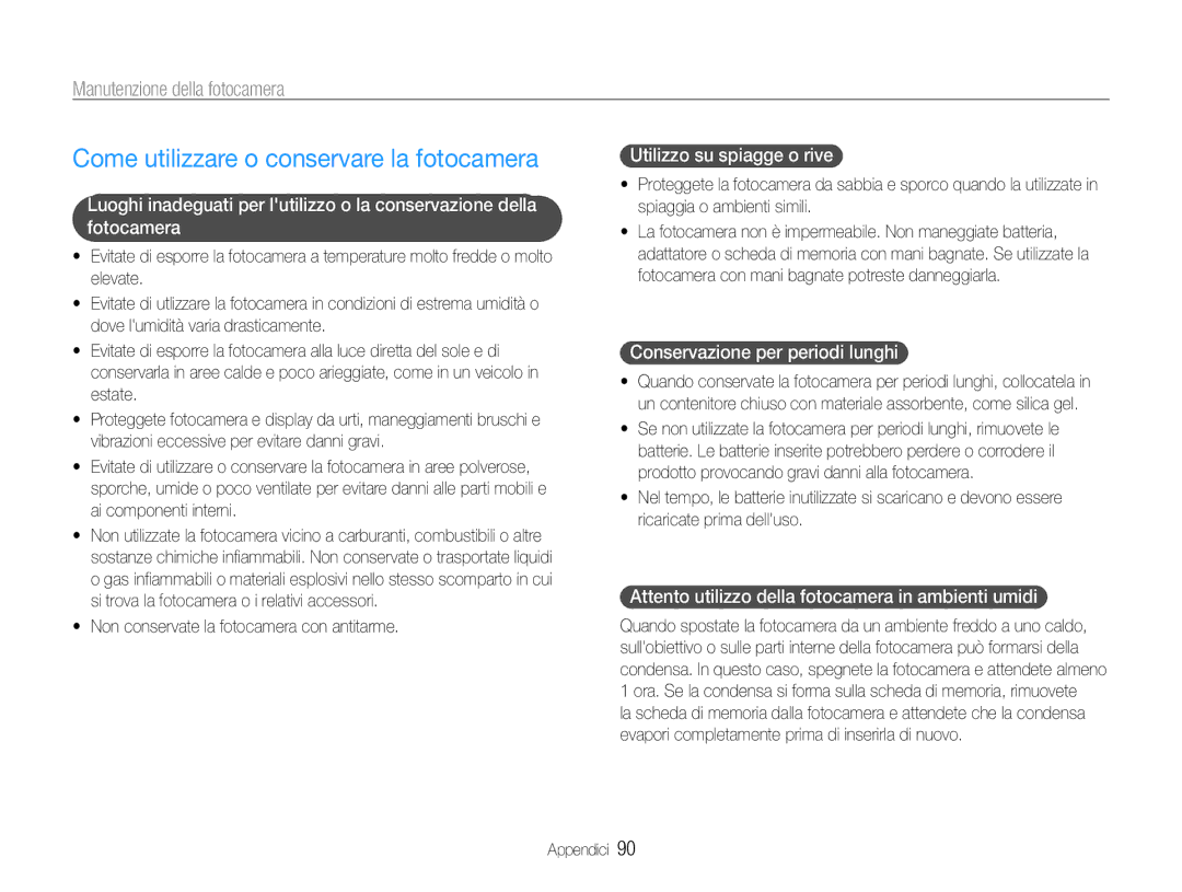 Samsung EC-ST90ZZBPSE1, EC-ST90ZZBPUE1 manual Come utilizzare o conservare la fotocamera, Manutenzione della fotocamera 