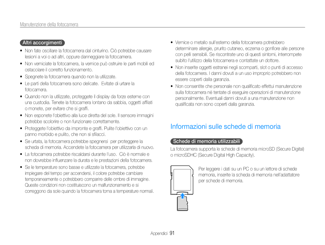 Samsung EC-ST90ZZBPBE1 manual Informazioni sulle schede di memoria, Altri accorgimenti, Schede di memoria utilizzabili 