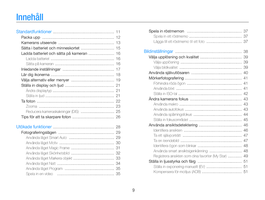 Samsung EC-ST90ZZBPSE2, EC-ST90ZZBPUE2, EC-ST90ZZBPRE2 manual Innehåll 