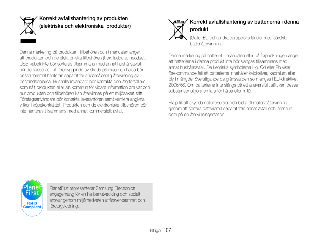 Samsung EC-ST90ZZBPUE2, EC-ST90ZZBPSE2, EC-ST90ZZBPRE2 manual Korrekt avfallshantering av batterierna i denna produkt 