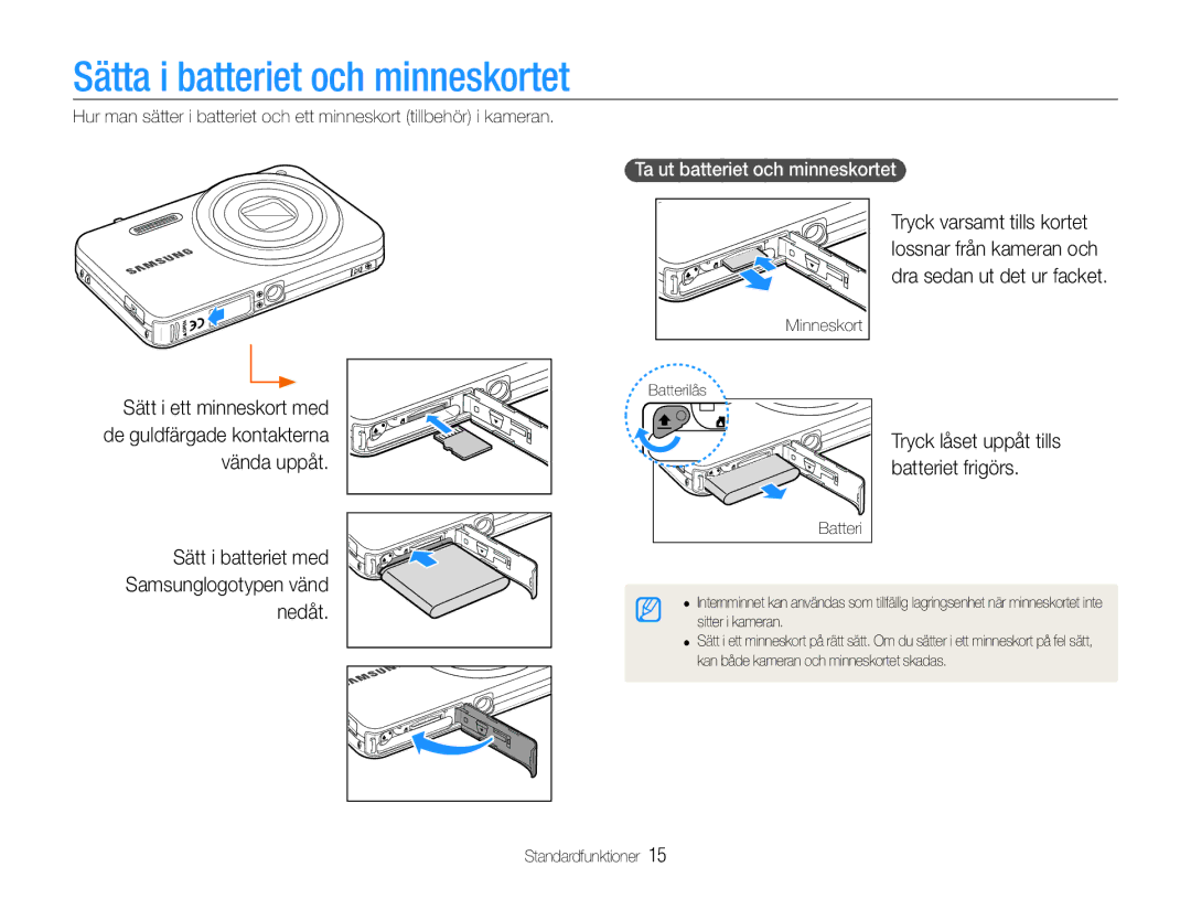 Samsung EC-ST90ZZBPSE2 manual Sätta i batteriet och minneskortet, Sätt i batteriet med Samsunglogotypen vänd nedåt, Batteri 