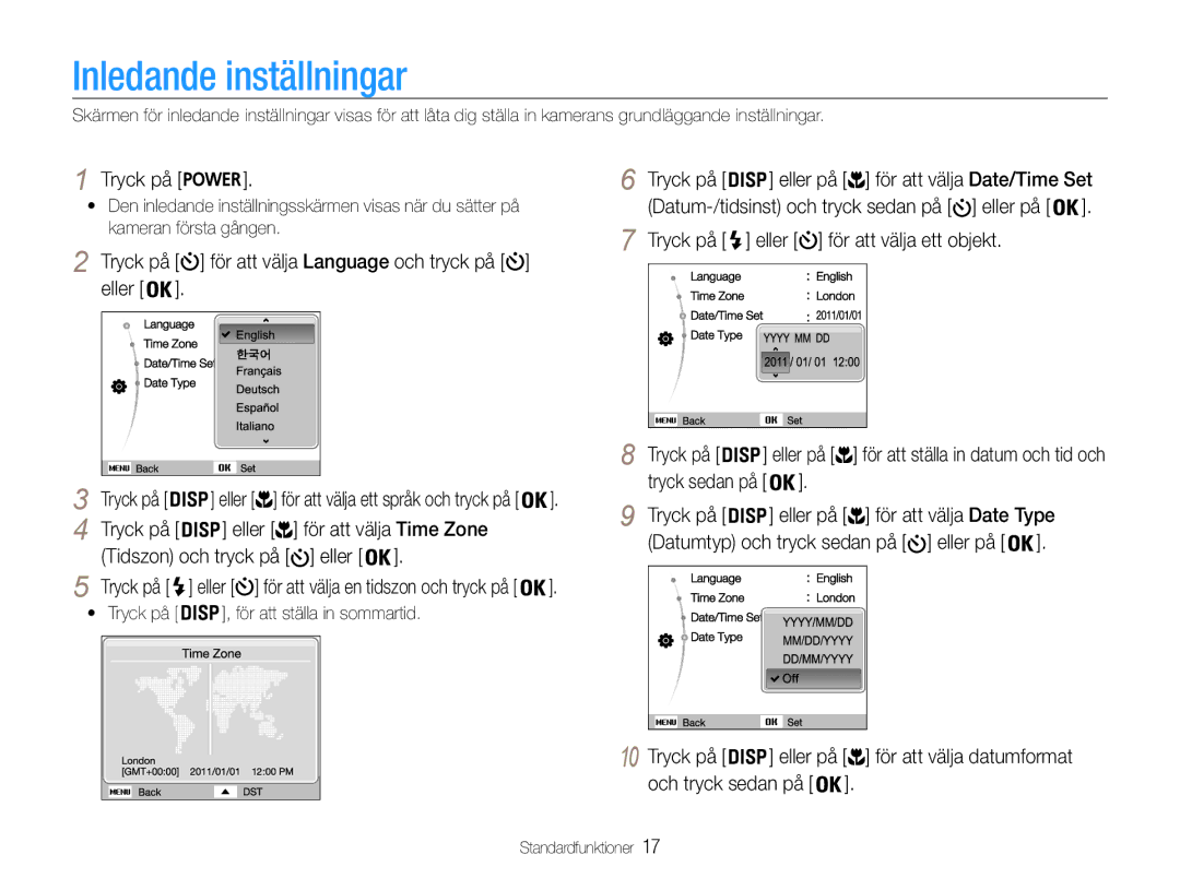 Samsung EC-ST90ZZBPUE2, EC-ST90ZZBPSE2, EC-ST90ZZBPRE2 manual Inledande inställningar 