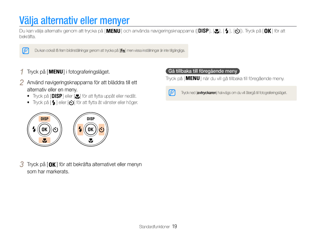 Samsung EC-ST90ZZBPRE2 manual Välja alternativ eller menyer, Tryck på Fotograferingsläget, Alternativ eller en meny 