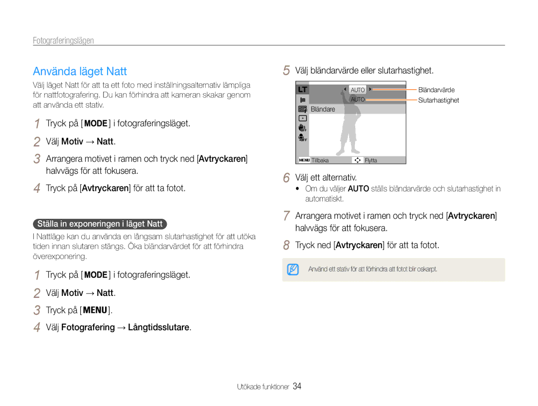 Samsung EC-ST90ZZBPRE2 manual Använda läget Natt, Tryck på Fotograferingsläget Välj Motiv → Natt, Halvvägs för att fokusera 