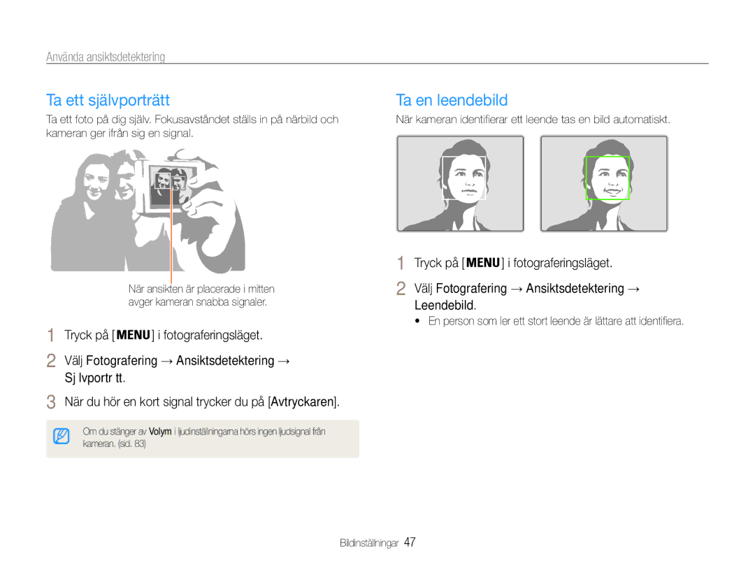 Samsung EC-ST90ZZBPUE2, EC-ST90ZZBPSE2 manual Ta ett självporträtt, Ta en leendebild, Använda ansiktsdetektering, Leendebild 