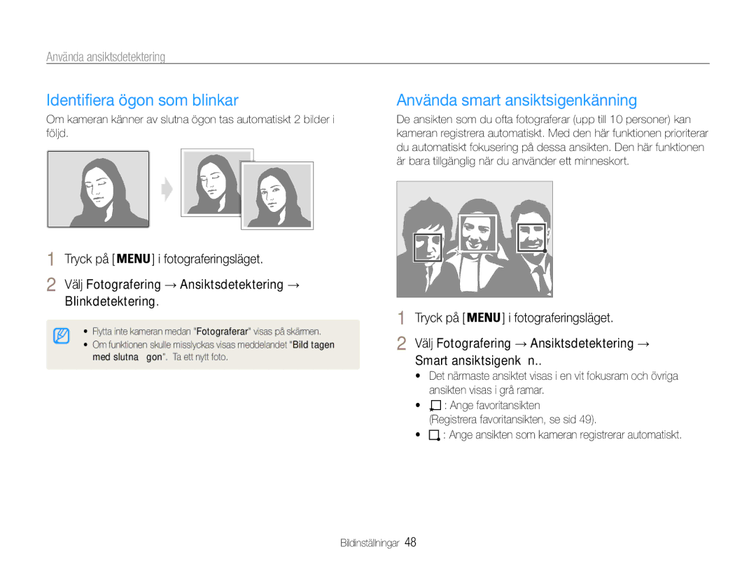 Samsung EC-ST90ZZBPSE2, EC-ST90ZZBPUE2 Identifiera ögon som blinkar, Använda smart ansiktsigenkänning, Blinkdetektering 