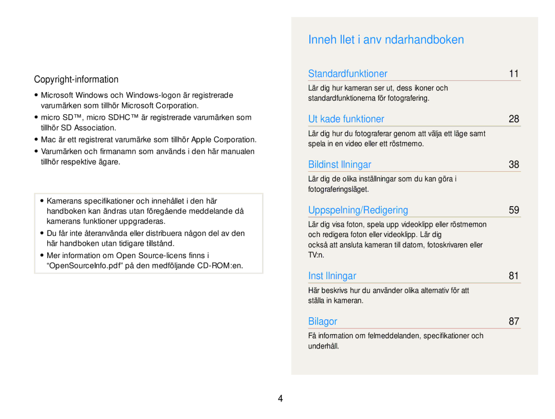 Samsung EC-ST90ZZBPRE2, EC-ST90ZZBPUE2, EC-ST90ZZBPSE2 manual Innehållet i användarhandboken, Copyright-information 