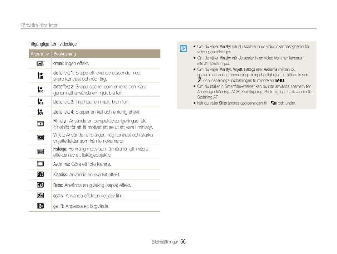 Samsung EC-ST90ZZBPUE2, EC-ST90ZZBPSE2, EC-ST90ZZBPRE2 manual Förbättra dina foton, Tillgängliga filter i videoläge 