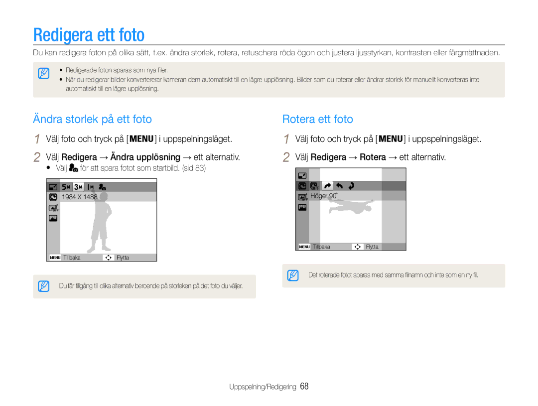 Samsung EC-ST90ZZBPUE2 manual Redigera ett foto, Ändra storlek på ett foto, Rotera ett foto, Välj foto och tryck på 