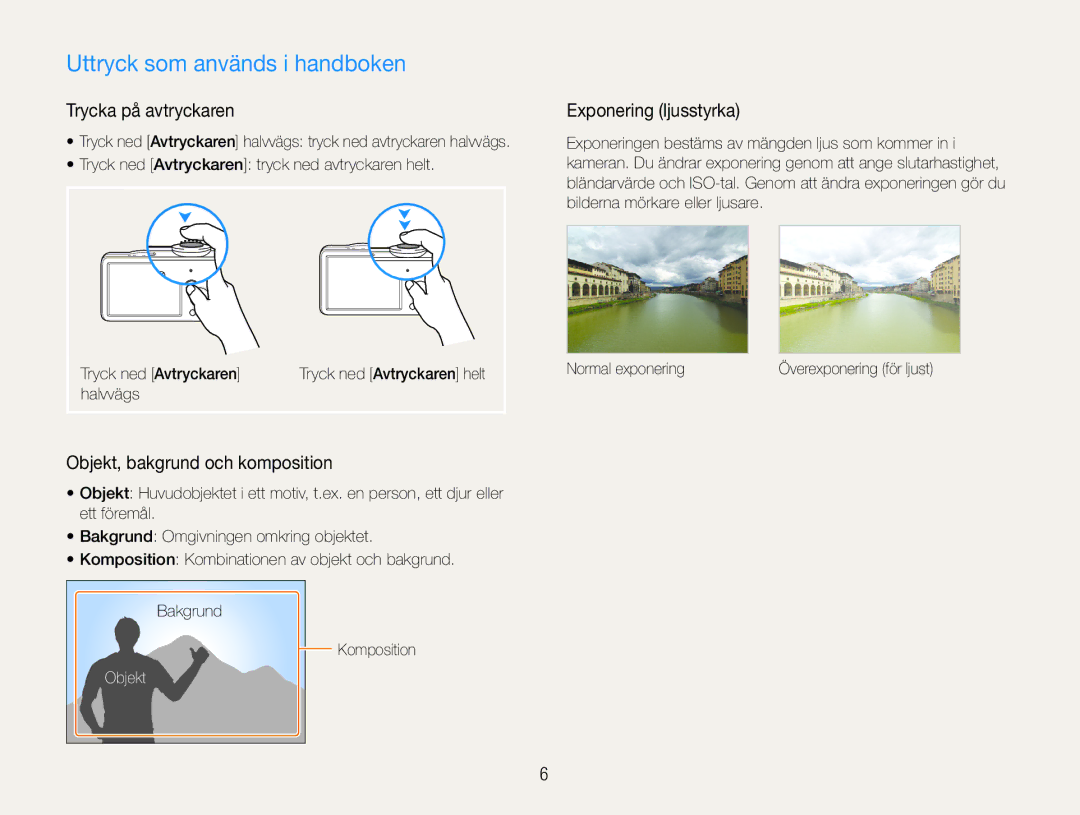 Samsung EC-ST90ZZBPSE2 manual Uttryck som används i handboken, Trycka på avtryckaren, Objekt, bakgrund och komposition 