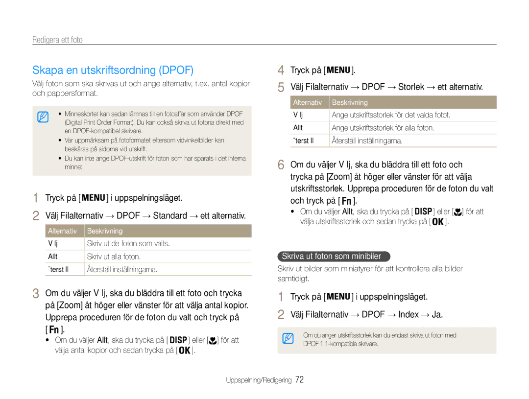 Samsung EC-ST90ZZBPSE2, EC-ST90ZZBPUE2, EC-ST90ZZBPRE2 manual Skapa en utskriftsordning Dpof, Skriva ut foton som minibiler 