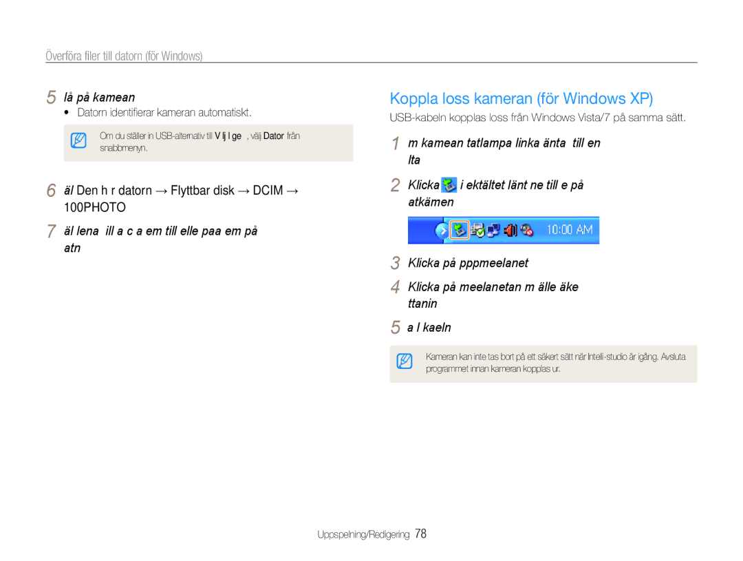 Samsung EC-ST90ZZBPSE2 manual Koppla loss kameran för Windows XP, Datorskärmen, Klicka på popup-meddelandet, Borttagning 