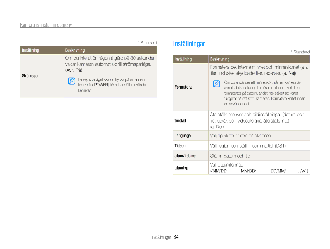 Samsung EC-ST90ZZBPSE2, EC-ST90ZZBPUE2, EC-ST90ZZBPRE2 manual Inställningar 