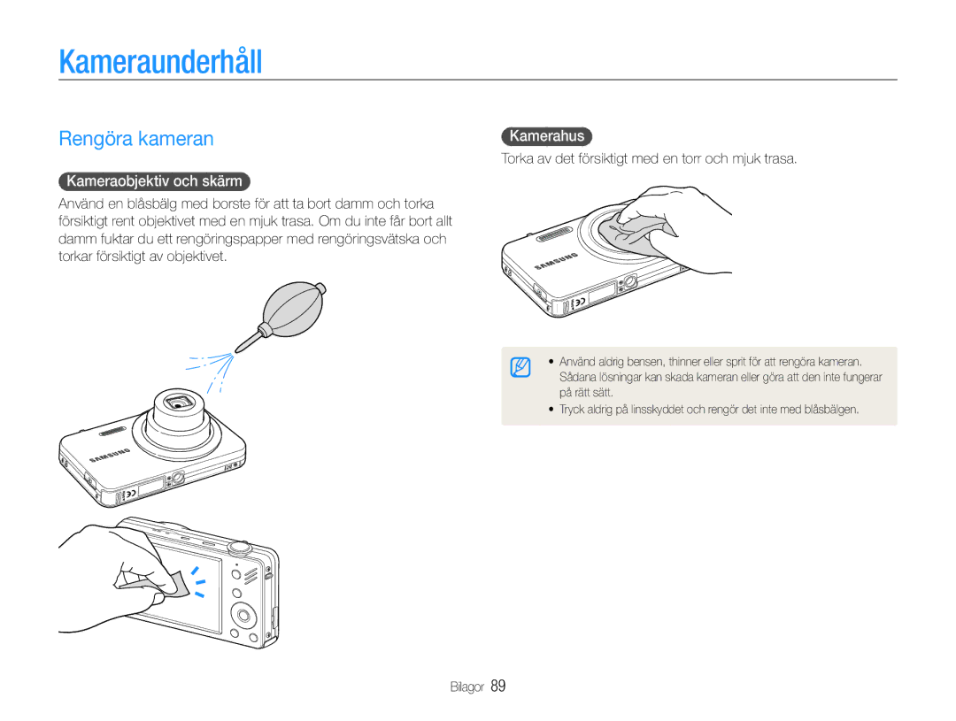 Samsung EC-ST90ZZBPUE2, EC-ST90ZZBPSE2 manual Kameraunderhåll, Rengöra kameran, Kameraobjektiv och skärm, Kamerahus 