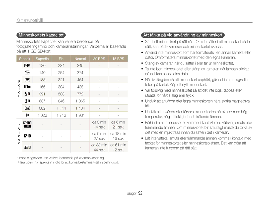 Samsung EC-ST90ZZBPUE2 manual Minneskortets kapacitet, Att tänka på vid användning av minneskort, 130 234 345, sek 21 sek 