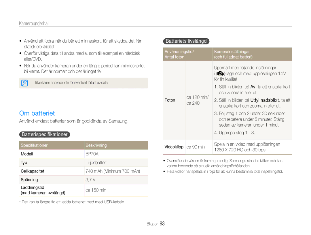 Samsung EC-ST90ZZBPSE2, EC-ST90ZZBPUE2, EC-ST90ZZBPRE2 manual Om batteriet, Batterispecifikationer, Batteriets livslängd 