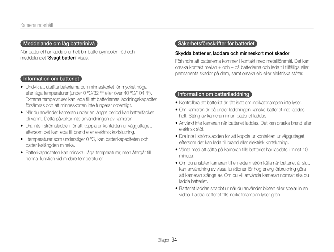 Samsung EC-ST90ZZBPRE2 manual Meddelande om låg batterinivå, Information om batteriet, Säkerhetsföreskrifter för batteriet 