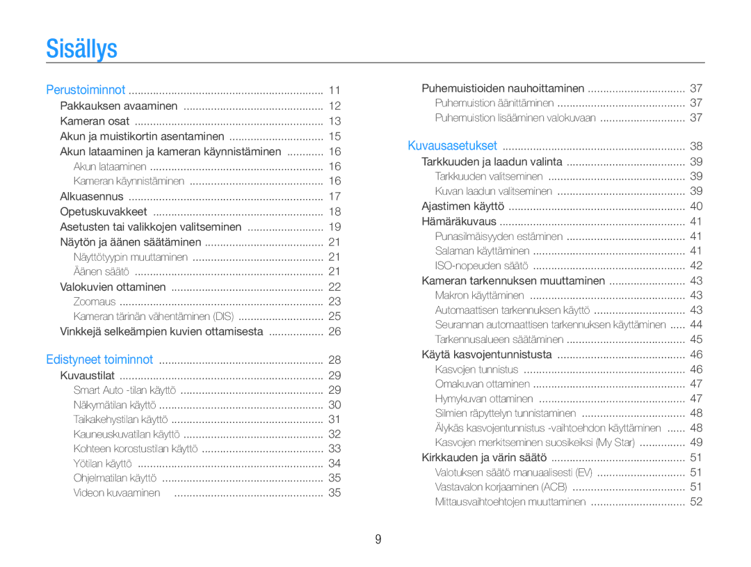 Samsung EC-ST90ZZBPSE2, EC-ST90ZZBPUE2, EC-ST90ZZBPRE2 manual Sisällys 