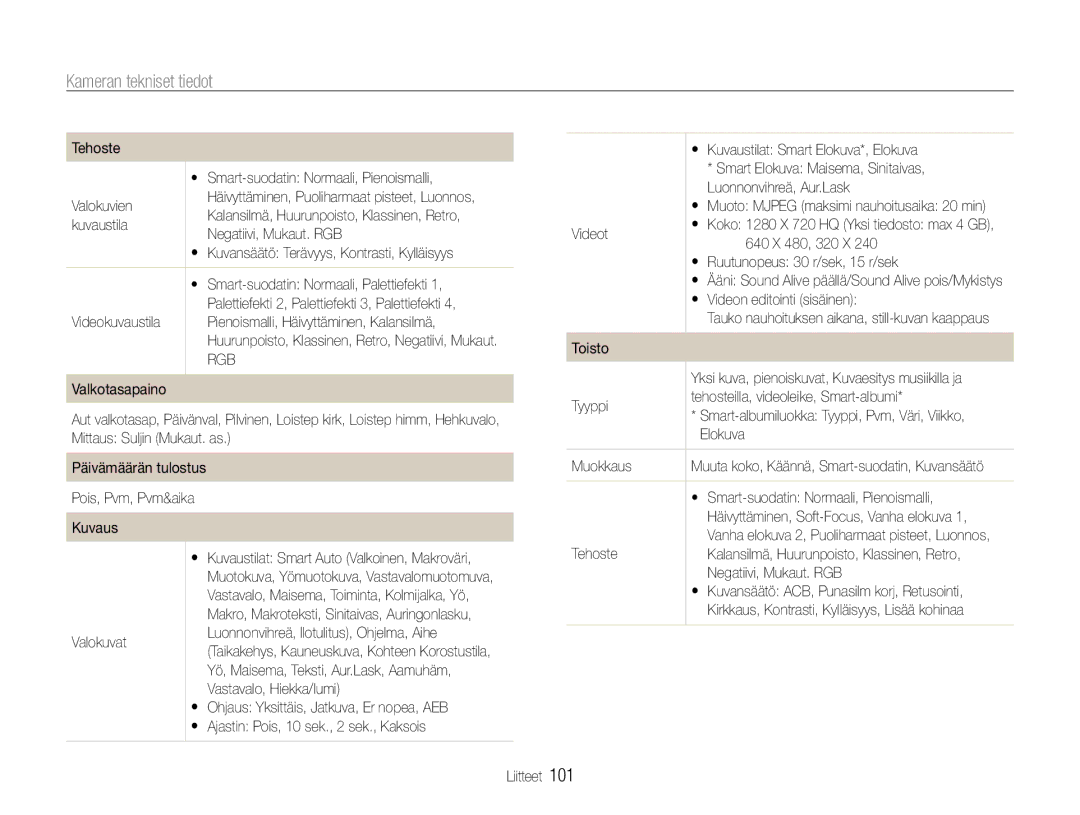 Samsung EC-ST90ZZBPUE2, EC-ST90ZZBPSE2, EC-ST90ZZBPRE2 manual Kameran tekniset tiedot 