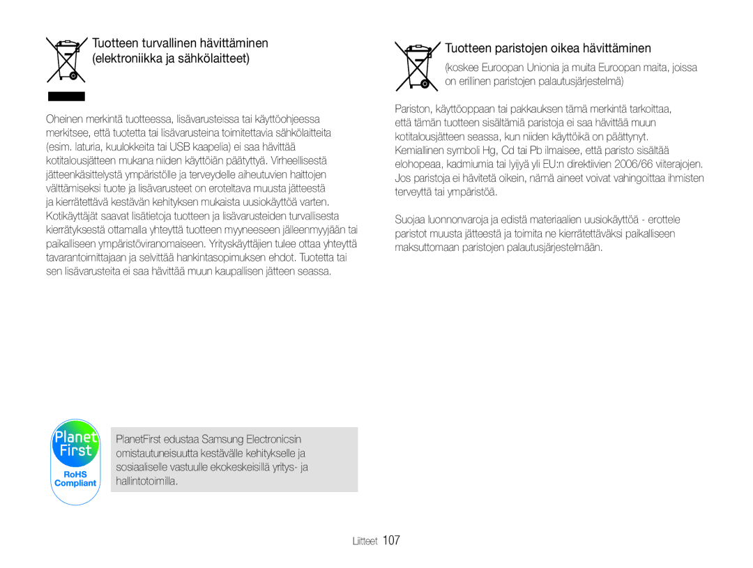 Samsung EC-ST90ZZBPUE2, EC-ST90ZZBPSE2, EC-ST90ZZBPRE2 manual Tuotteen paristojen oikea hävittäminen 