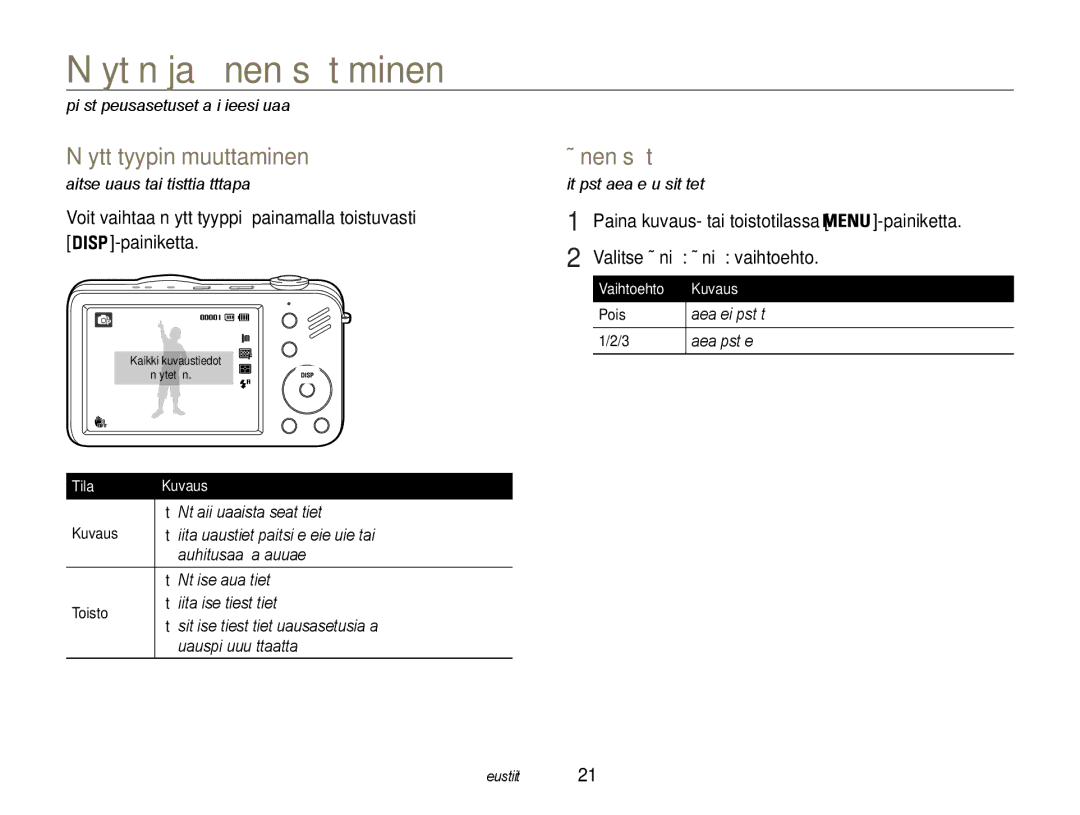 Samsung EC-ST90ZZBPSE2, EC-ST90ZZBPUE2, EC-ST90ZZBPRE2 Näytön ja äänen säätäminen, Näyttötyypin muuttaminen, Äänen säätö 