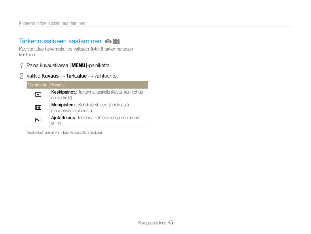 Samsung EC-ST90ZZBPSE2, EC-ST90ZZBPUE2, EC-ST90ZZBPRE2 Tarkennusalueen säätäminen, Valitse Kuvaus → Tark.alue → vaihtoehto 