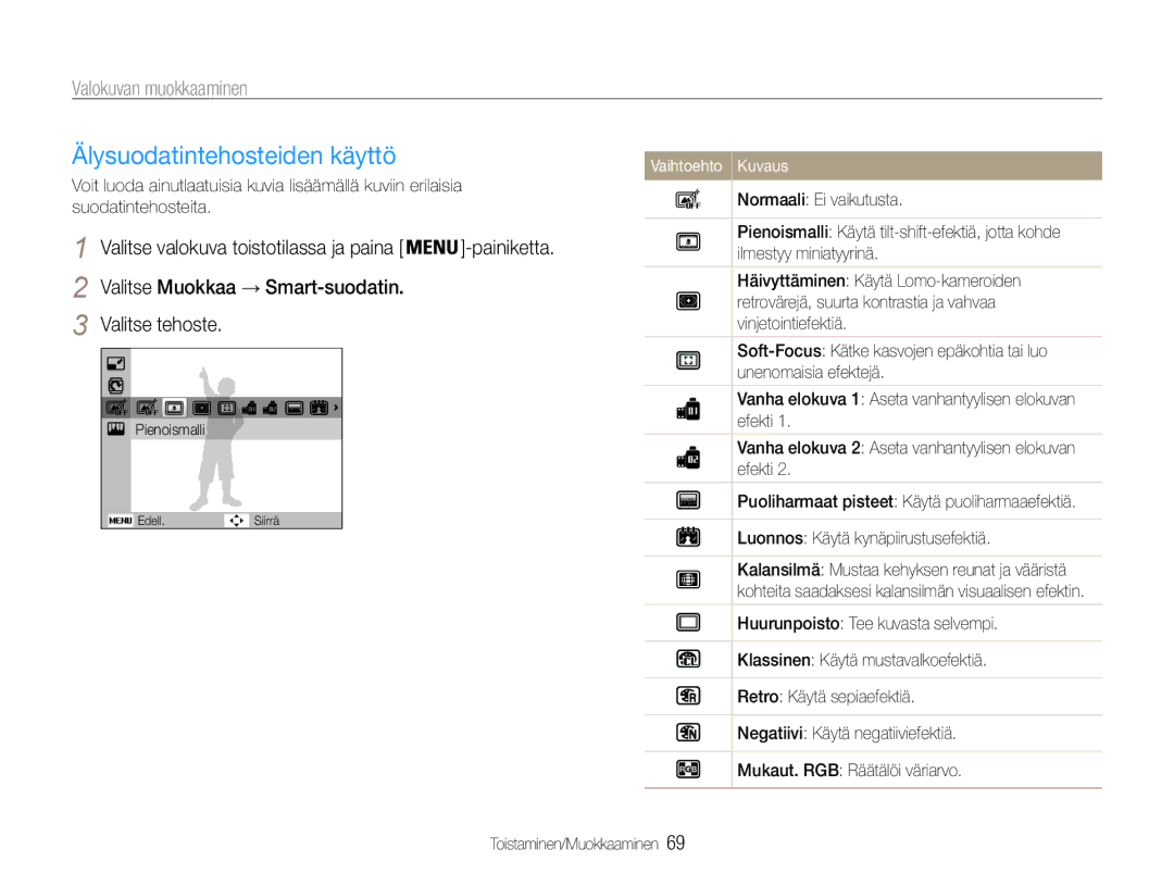 Samsung EC-ST90ZZBPSE2, EC-ST90ZZBPUE2 manual Valokuvan muokkaaminen, Valitse Muokkaa → Smart-suodatin Valitse tehoste 