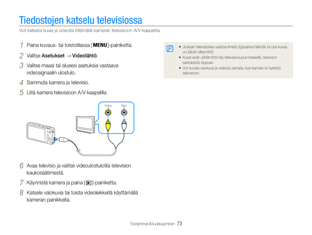 Samsung EC-ST90ZZBPRE2, EC-ST90ZZBPUE2, EC-ST90ZZBPSE2 manual Tiedostojen katselu televisiossa, Kameran painikkeita 