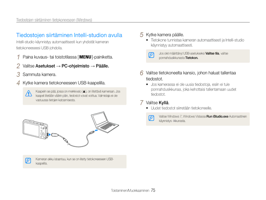 Samsung EC-ST90ZZBPSE2 Tiedostojen siirtäminen Intelli-studion avulla, Tiedostojen siirtäminen tietokoneeseen Windows 