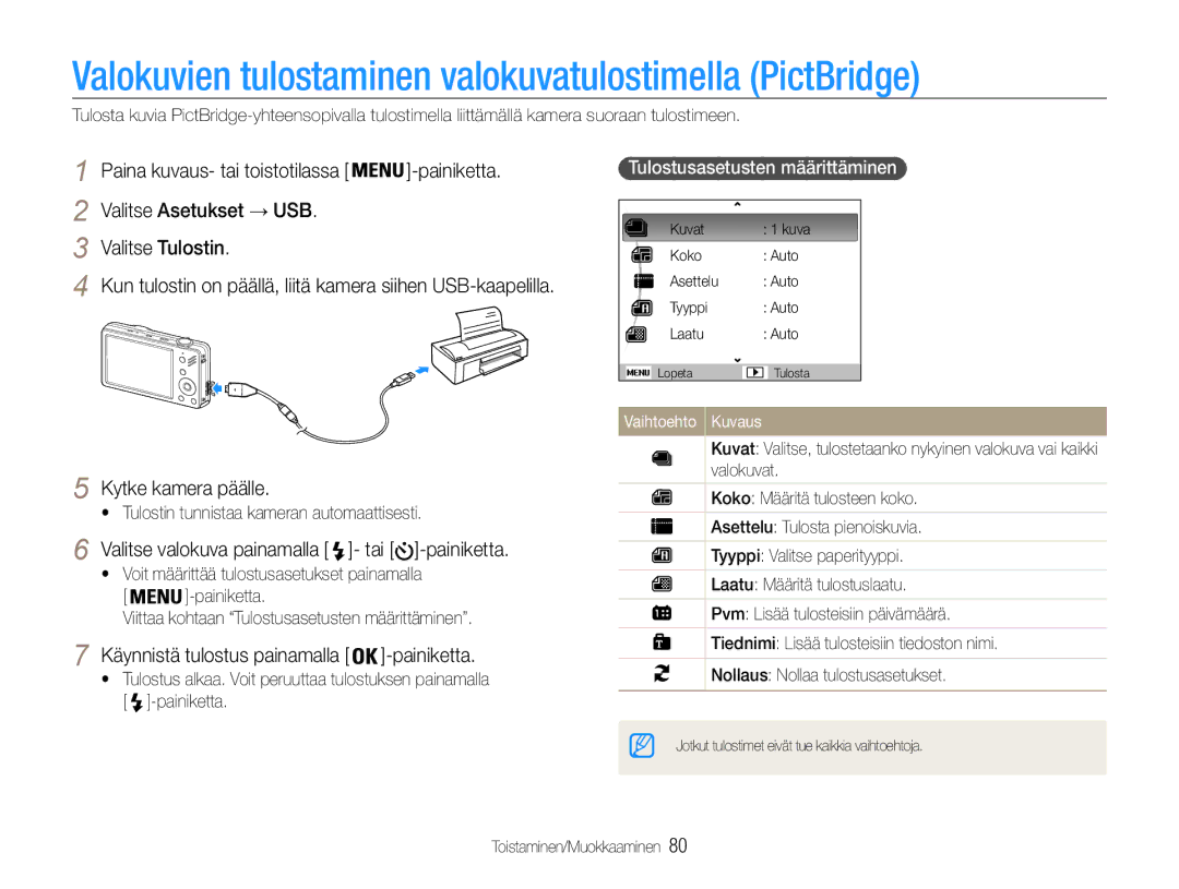 Samsung EC-ST90ZZBPUE2 manual Valokuvien tulostaminen valokuvatulostimella PictBridge, Käynnistä tulostus painamalla 