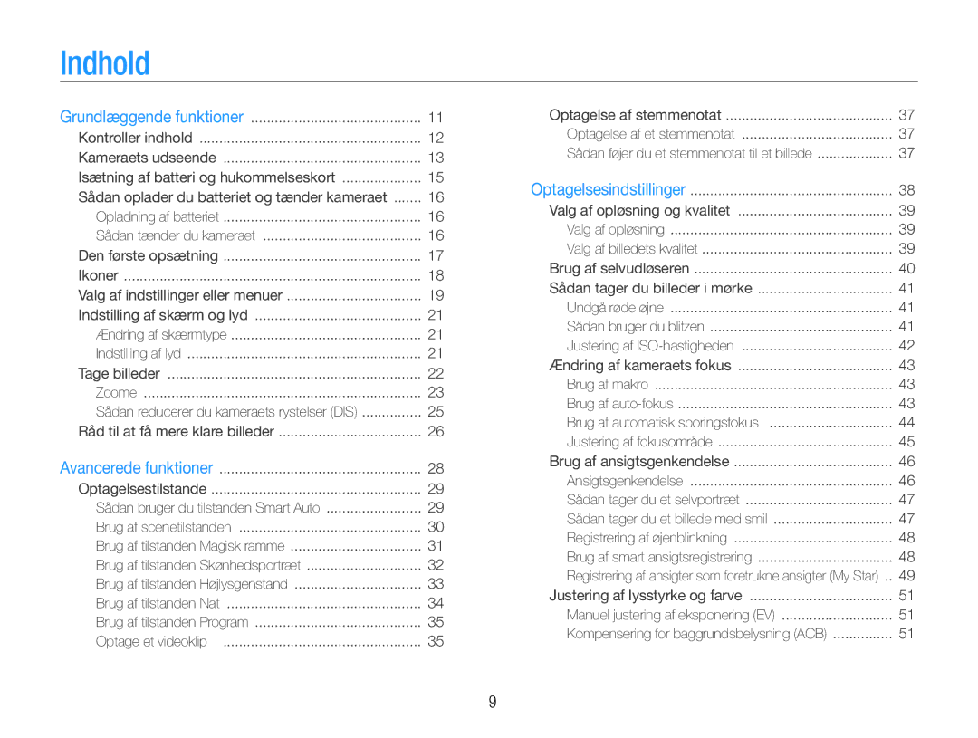 Samsung EC-ST90ZZBPSE2, EC-ST90ZZBPUE2, EC-ST90ZZBPRE2 manual Indhold, Sådan oplader du batteriet og tænder kameraet 