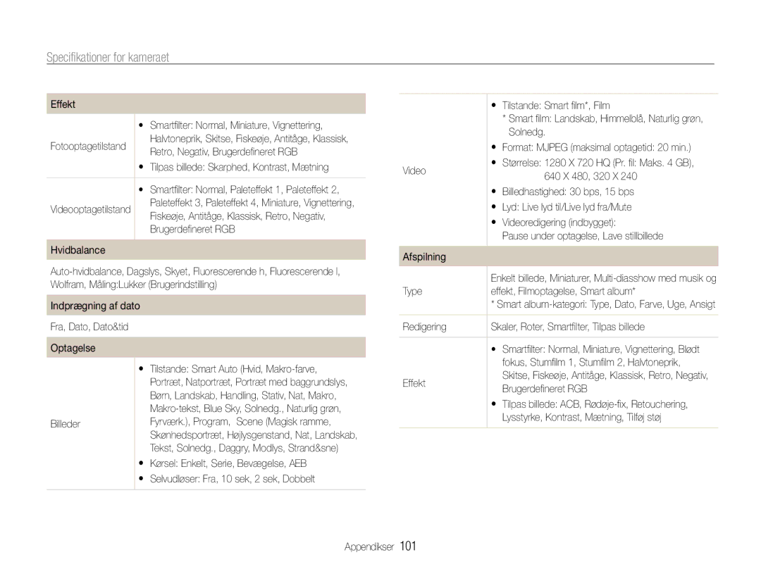 Samsung EC-ST90ZZBPUE2, EC-ST90ZZBPSE2, EC-ST90ZZBPRE2 manual Specifikationer for kameraet 