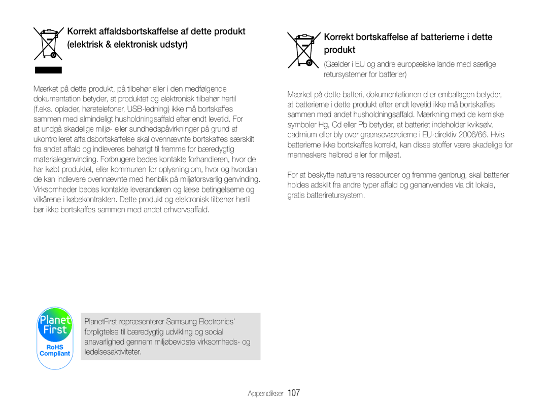Samsung EC-ST90ZZBPUE2, EC-ST90ZZBPSE2, EC-ST90ZZBPRE2 manual Korrekt bortskaffelse af batterierne i dette produkt 