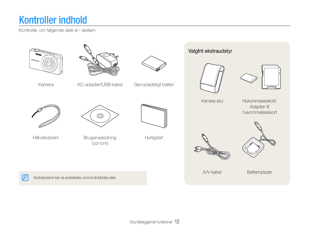 Samsung EC-ST90ZZBPSE2, EC-ST90ZZBPUE2, EC-ST90ZZBPRE2 manual Kontroller indhold, Valgfrit ekstraudstyr 