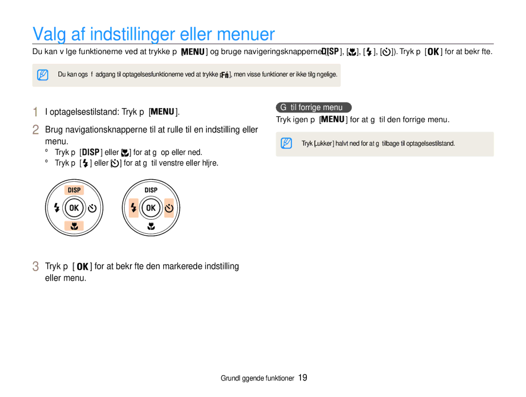 Samsung EC-ST90ZZBPRE2, EC-ST90ZZBPUE2 manual Valg af indstillinger eller menuer, Menu, Eller menu, Gå til forrige menu 