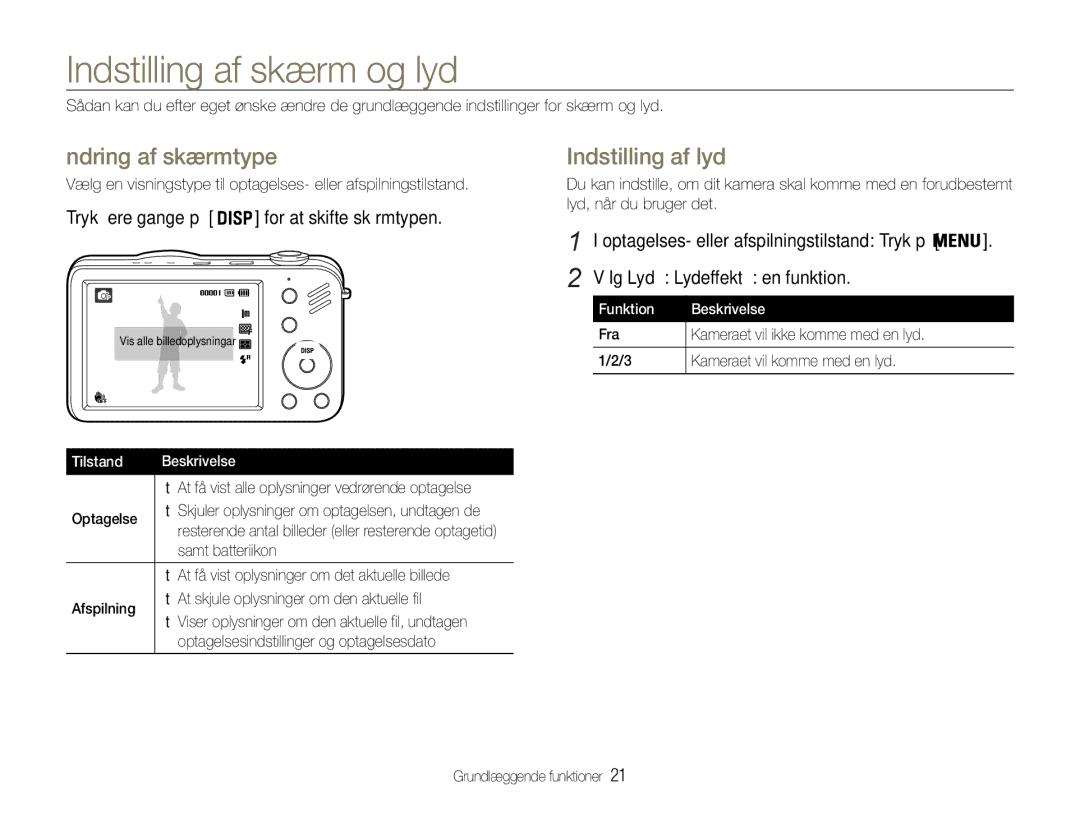 Samsung EC-ST90ZZBPSE2, EC-ST90ZZBPUE2 manual Indstilling af skærm og lyd, Ændring af skærmtype, Indstilling af lyd 