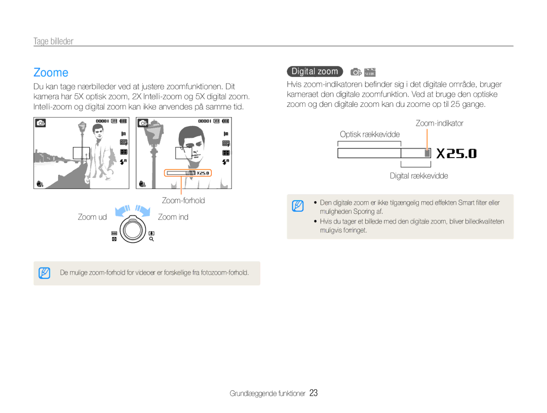 Samsung EC-ST90ZZBPUE2, EC-ST90ZZBPSE2, EC-ST90ZZBPRE2 manual Zoome, Tage billeder, Digital zoom 