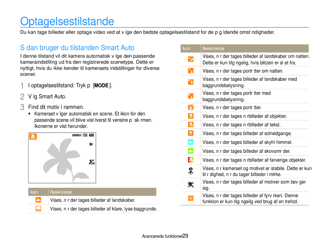 Samsung EC-ST90ZZBPUE2 Optagelsestilstande, Sådan bruger du tilstanden Smart Auto, Vælg Smart Auto Find dit motiv i rammen 