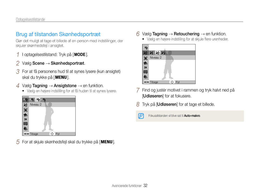 Samsung EC-ST90ZZBPUE2 manual Brug af tilstanden Skønhedsportræt, Optagelsestilstand Tryk på Vælg Scene → Skønhedsportræt 