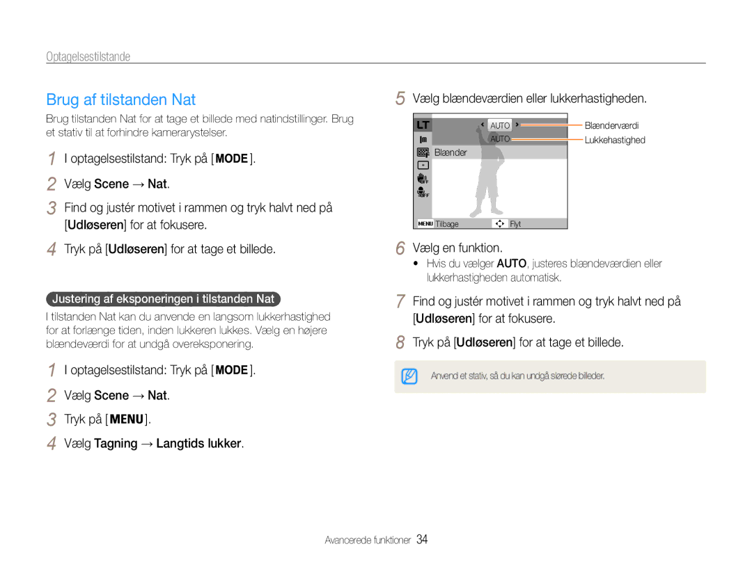 Samsung EC-ST90ZZBPRE2 manual Brug af tilstanden Nat, Optagelsestilstand Tryk på Vælg Scene → Nat, Vælg en funktion 