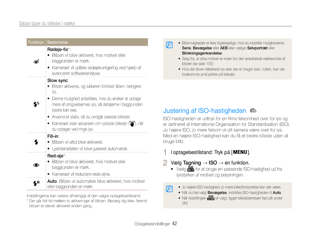 Samsung EC-ST90ZZBPSE2, EC-ST90ZZBPUE2, EC-ST90ZZBPRE2 manual Justering af ISO-hastigheden, Sådan tager du billeder i mørke 