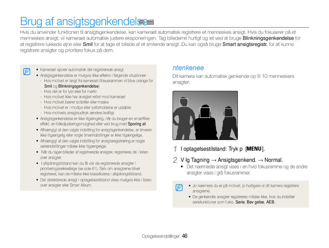 Samsung EC-ST90ZZBPRE2, EC-ST90ZZBPUE2, EC-ST90ZZBPSE2 manual Brug af ansigtsgenkendelse, Ansigtsgenkendelse 