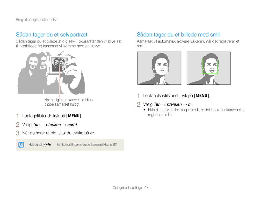 Samsung EC-ST90ZZBPUE2 manual Sådan tager du et selvportræt, Sådan tager du et billede med smil, Brug af ansigtsgenkendelse 