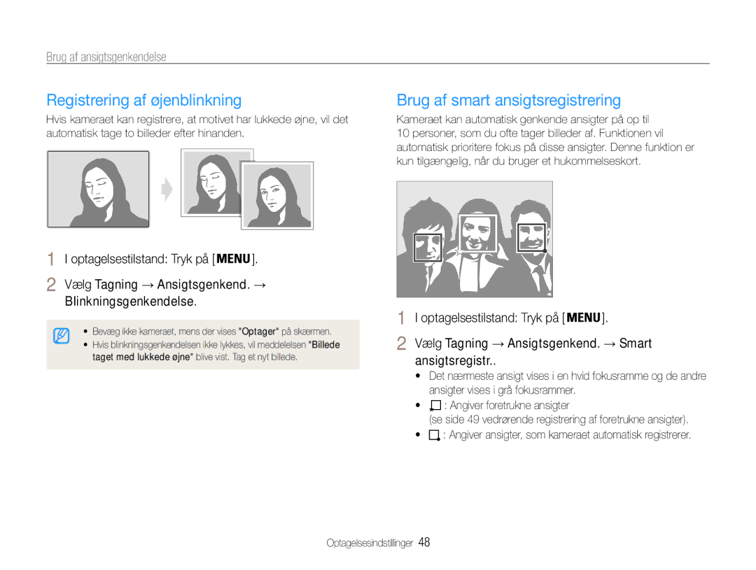 Samsung EC-ST90ZZBPSE2 manual Registrering af øjenblinkning, Brug af smart ansigtsregistrering, Blinkningsgenkendelse 