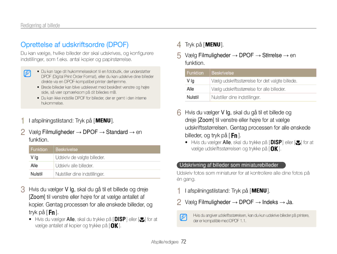 Samsung EC-ST90ZZBPSE2 Oprettelse af udskriftsordre Dpof, Tryk på Vælg Filmuligheder → Dpof → Størrelse → en Funktion 